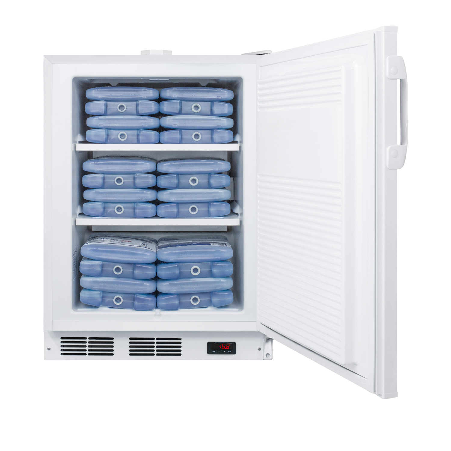 Built-in ADA compliant undercounter frost-free all-freezer for general purpose use, with white exterior, digital thermostat, and lock